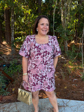 Load image into Gallery viewer, Floral print short puff sleeve mini dress featuring square neckline and button closure at front. Side pockets.