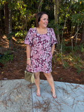 Load image into Gallery viewer, Floral print short puff sleeve mini dress featuring square neckline and button closure at front. Side pockets.