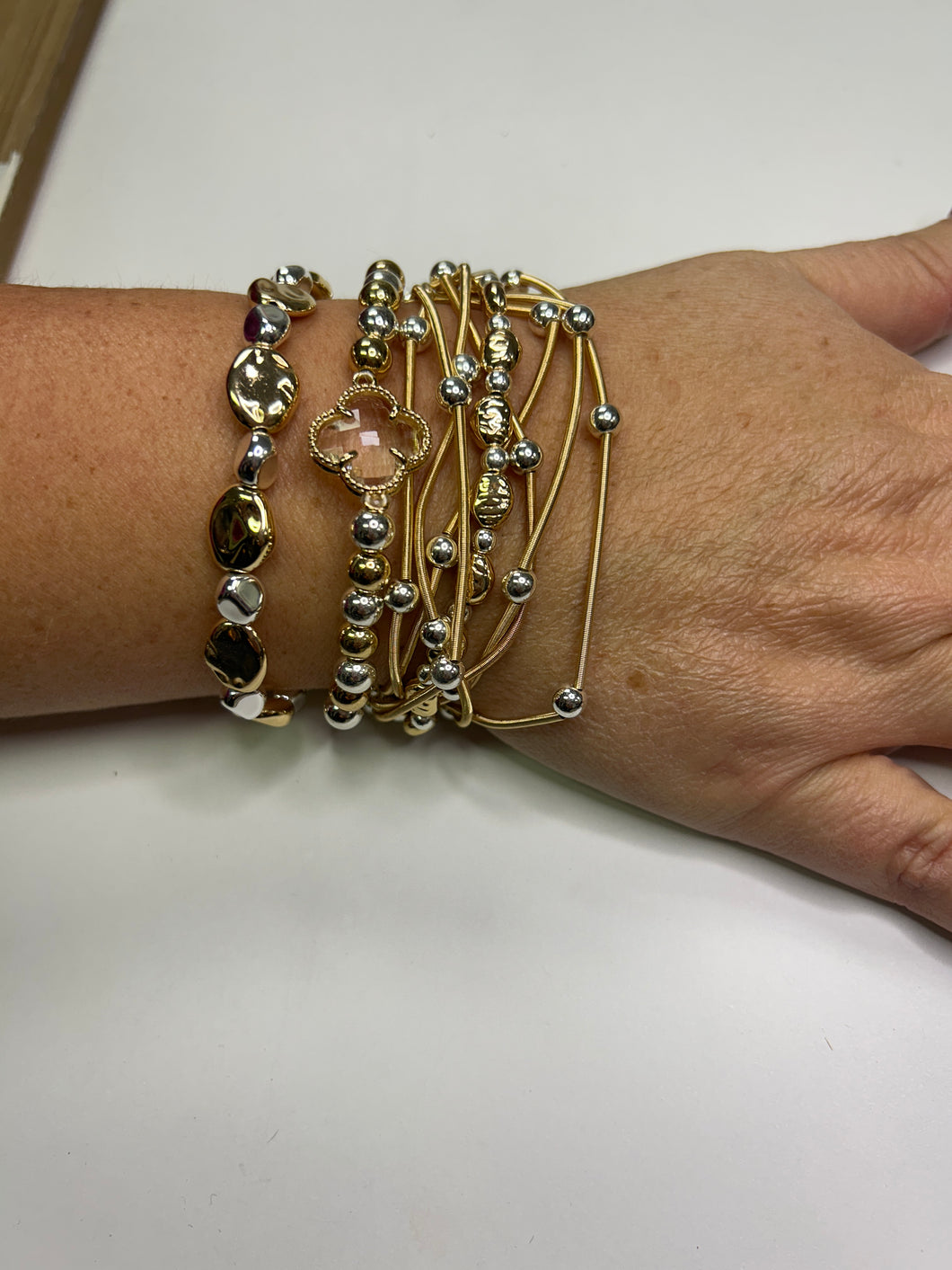 Gold Strands with Silver beaded Stretch bracelet set with clover