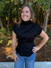Load image into Gallery viewer, Solid short sleeve mock neck top featuring pleated waist shaping