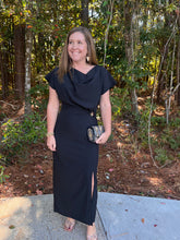Load image into Gallery viewer, Solid short sleeve midi dress featuring draped neckline and side ring gathering