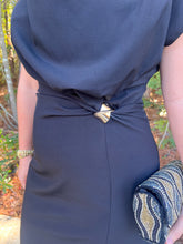 Load image into Gallery viewer, Solid short sleeve midi dress featuring draped neckline and side ring gathering