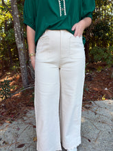 Load image into Gallery viewer, Solid high waist wide leg pants featuring scallop trim at pockets and hem