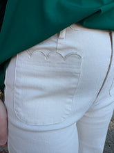 Load image into Gallery viewer, Solid high waist wide leg pants featuring scallop trim at pockets and hem