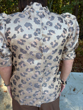 Load image into Gallery viewer, Animal print short puff sleeve top featuring ruffled mock neck