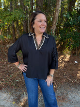 Load image into Gallery viewer, Solid 3/4 sleeve top featuring contrast leopard print and scallop lace trim