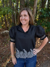 Load image into Gallery viewer, Embroidered smocked cuff band sleeve with embroidered border hem.