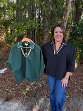 Load image into Gallery viewer, Solid 3/4 sleeve top featuring contrast leopard print and scallop lace trim