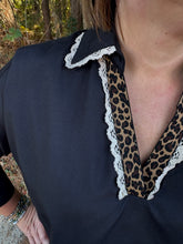 Load image into Gallery viewer, Solid 3/4 sleeve top featuring contrast leopard print and scallop lace trim