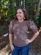 Load image into Gallery viewer, Solid short puff sweater with floral embroidery and textured diamond knit