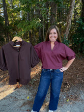 Load image into Gallery viewer, Solid puff sleeve top featuring V-neck with standing collar