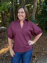 Load image into Gallery viewer, Solid puff sleeve top featuring V-neck with standing collar