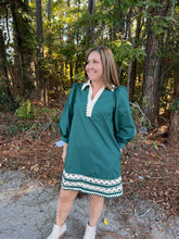 Load image into Gallery viewer, Solid 3/4 sleeve dress with contrast collar and scallop accent trim