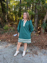 Load image into Gallery viewer, Solid 3/4 sleeve dress with contrast collar and scallop accent trim
