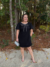 Load image into Gallery viewer, Bow Embellished Puff Sleeve Tweed Dress