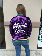 Load image into Gallery viewer, Mardi Gras Sequin Bomber Jacket
