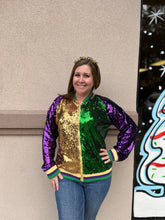 Load image into Gallery viewer, Mardi Gras Sequin Bomber Jacket