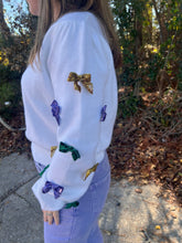 Load image into Gallery viewer, Mardi Gras Glitter Bow Ribbon Sweater Top