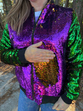 Load image into Gallery viewer, Mardi Gras Reversible Sequin Zipper Jacket