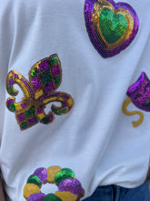 Load image into Gallery viewer, Sequined Mardi Gras Symbols Pattern Top in White