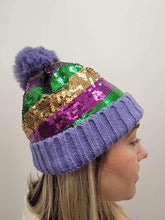Load image into Gallery viewer, Mardi Gras Sequin Beanie with Pom Pom