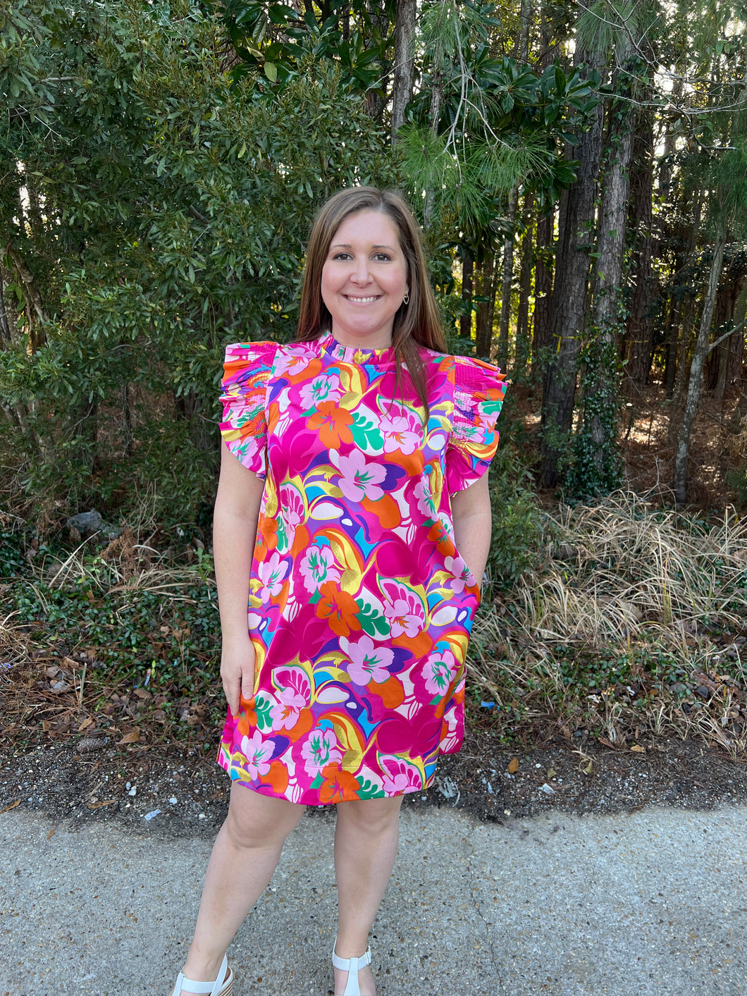 G9319-9 Satin Flower Print Dress with Pockets