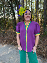 Load image into Gallery viewer, Mardi Gras Woven ruffled edge puff sleeves quilted top