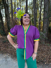 Load image into Gallery viewer, Mardi Gras Woven ruffled edge puff sleeves quilted top