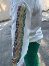 Load image into Gallery viewer, Mardi Gras Stripe Embellished Sleeve satin shirt