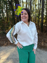 Load image into Gallery viewer, Mardi Gras Stripe Embellished Sleeve satin shirt
