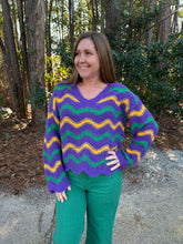 Load image into Gallery viewer, Mardi Gras Wavy Stripes v neck sweater