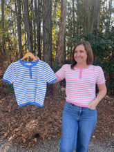 Load image into Gallery viewer, Stripe pattern short sleeve pointelle sweater knit top featuring scallop edge finish detail.