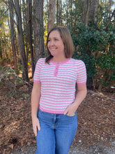 Load image into Gallery viewer, Stripe pattern short sleeve pointelle sweater knit top featuring scallop edge finish detail.