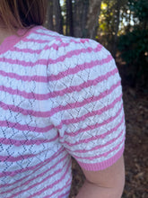 Load image into Gallery viewer, Stripe pattern short sleeve pointelle sweater knit top featuring scallop edge finish detail.