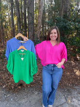 Load image into Gallery viewer, Solid dolman top featuring V-neck accent with trenza detail.