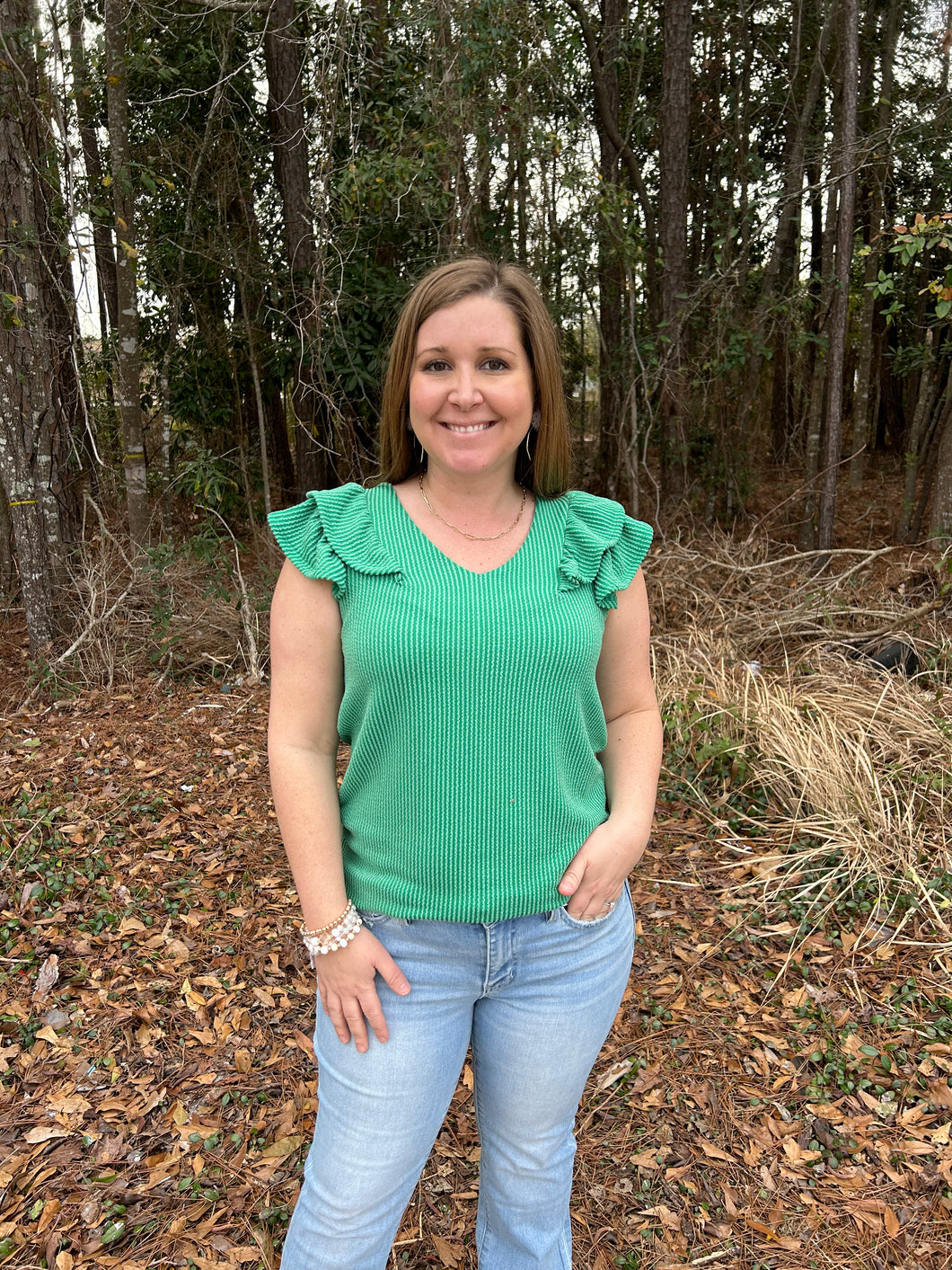 Doorbuster Ribbed Striped Tiered Ruffle Sleeve Top