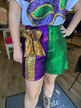 Load image into Gallery viewer, Mardi Gras Gold Sequin Bow Shorts
