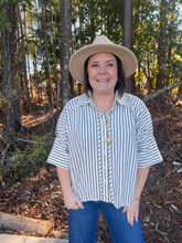 Load image into Gallery viewer, Striped collared 3/4 sleeve button-down top featuring button detail at sleeve cuffs.