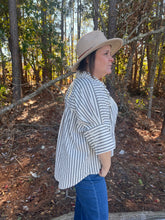 Load image into Gallery viewer, Striped collared 3/4 sleeve button-down top featuring button detail at sleeve cuffs.