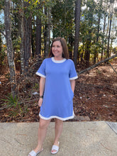 Load image into Gallery viewer, Solid short sleeve mini dress featuring contrast trim round neck, cuffs, and hem. Button closure at back.