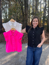 Load image into Gallery viewer, Ruffled cap sleeves button down crinkled solid top with front ruffle detail