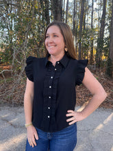 Load image into Gallery viewer, Ruffled cap sleeves button down crinkled solid top with front ruffle detail