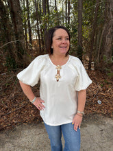 Load image into Gallery viewer, Round Neck Short Bubble Hem Sleeve Top with Button Detail