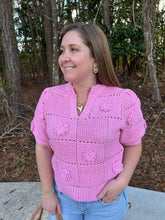 Load image into Gallery viewer, Solid round v-neck short sleeve sweater accented with 3-D crochet flower