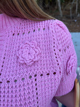 Load image into Gallery viewer, Solid round v-neck short sleeve sweater accented with 3-D crochet flower
