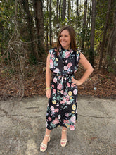 Load image into Gallery viewer, Cowl Neck Waist Tie Floral Midi Dress