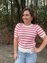 Load image into Gallery viewer, Striped Scallop Edge Puff Sleeve Knit Top
