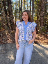 Load image into Gallery viewer, Flutter Sleeve Abstract and Gingham Trim top