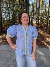 Load image into Gallery viewer, Floral print short puff sleeve top featuring contrast gingham binding at neckline, placket, and cuffs.