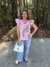 Load image into Gallery viewer, Floral print flutter sleeve top featuring pleated band collar V-neck with scallop accent trim.